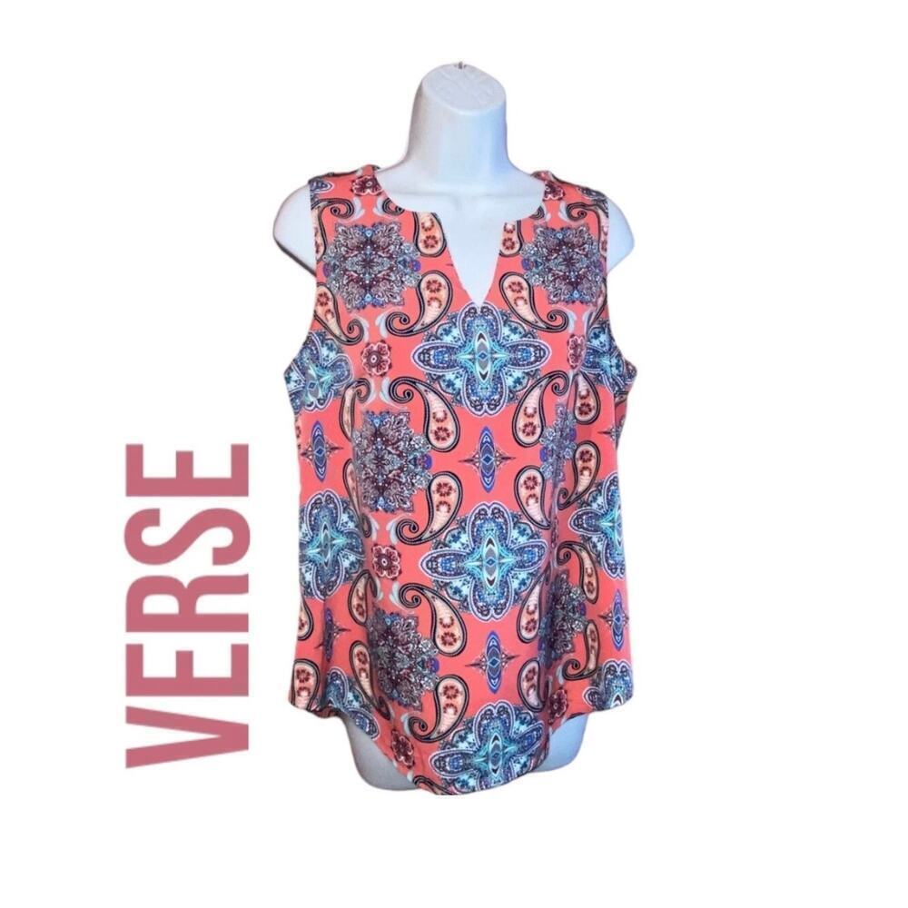 VERSE Woman's XL Paisley V-neck pink & salmon sleeveless top‎